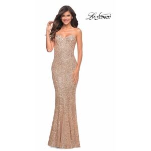 La Femme Gold Sequin Strapless Gown Open Back Prom Formal Dress Womens 8
